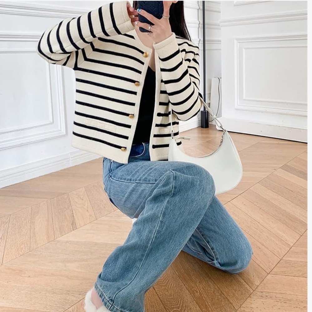 Amazon Brand Striped Button Up Cream White Black Cardigan Sweater Size Medium
